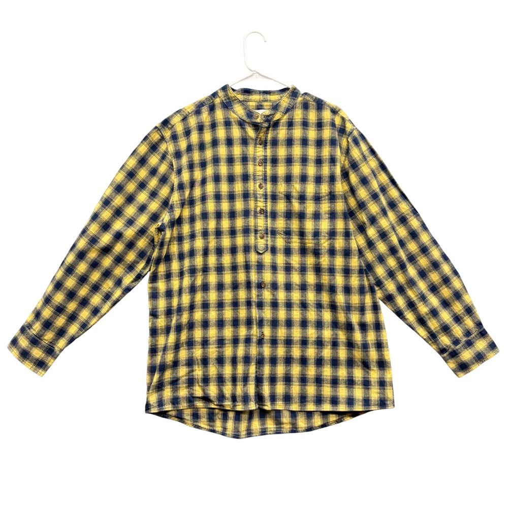 Lee Valley Ireland Mens XL Yellow Navy Plaid Flannel Grandfather Shirt Cotton